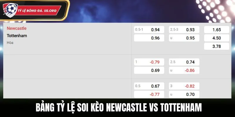Soi kèo Newcastle vs Tottenham - bảng tỷ lệ kèo